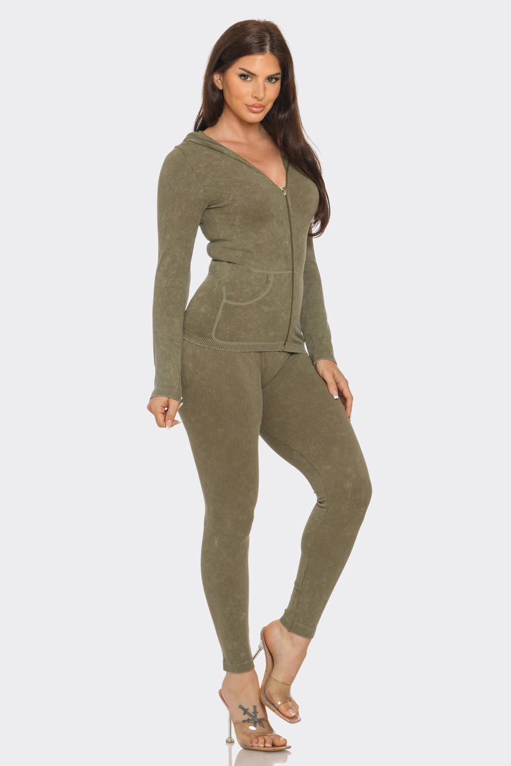 Washed Seamless Rib Zip Up Hoodie Jacket And Leggings Set