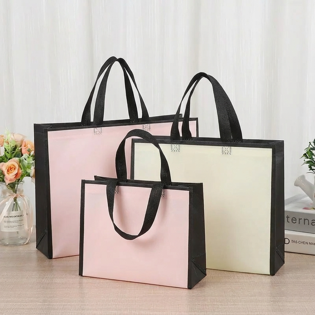 50pcs, 3 Size Light Beige w/ Black Border Non-woven Gift Bag