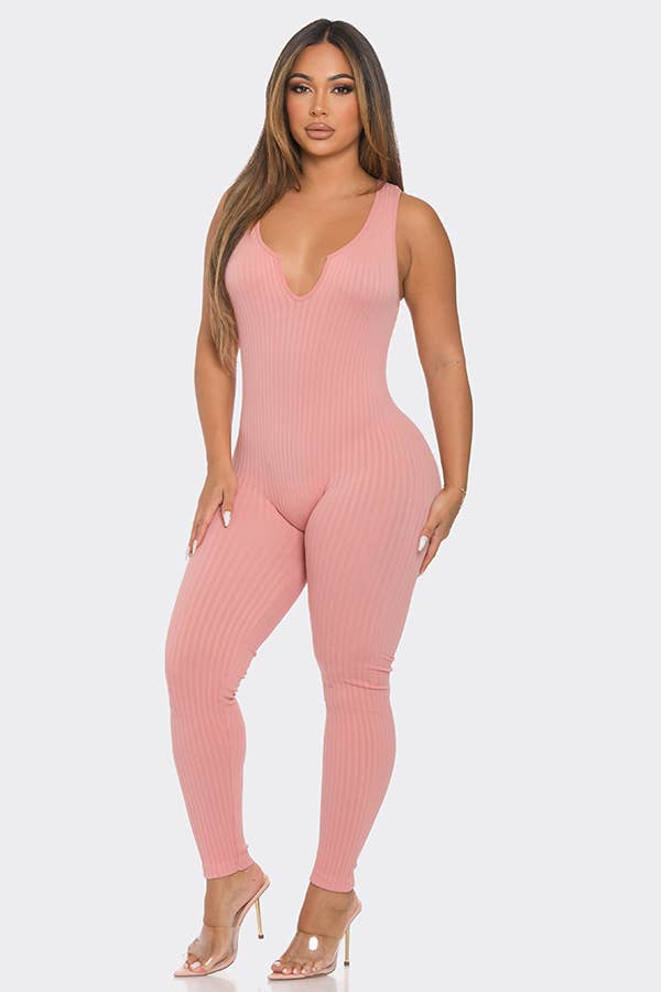 Seamless Ribbed Split V Neck Jumpsuit