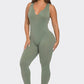 Seamless Ribbed Split V Neck Jumpsuit