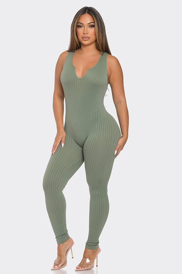 Seamless Ribbed Split V Neck Jumpsuit