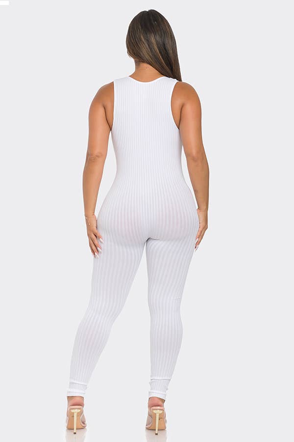Seamless Ribbed Split V Neck Jumpsuit