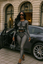 popcorn mesh long sleeve top legging set casual stylish look