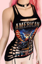 American Rebel Motorcycle Sexy Graphic Biker Western Festival Slashed Tank Top