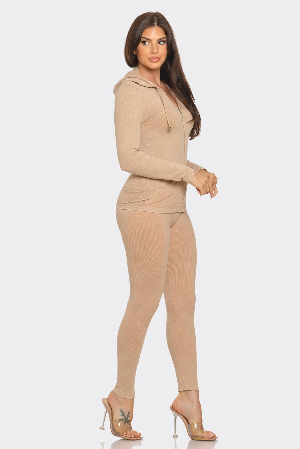 Washed Seamless Rib Zip Up Hoodie Jacket And Leggings Set
