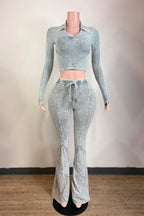 MINERAL WASH CONTRAST COLLARED TOP & PANT SET