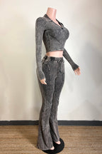 MINERAL WASH CONTRAST COLLARED TOP & PANT SET