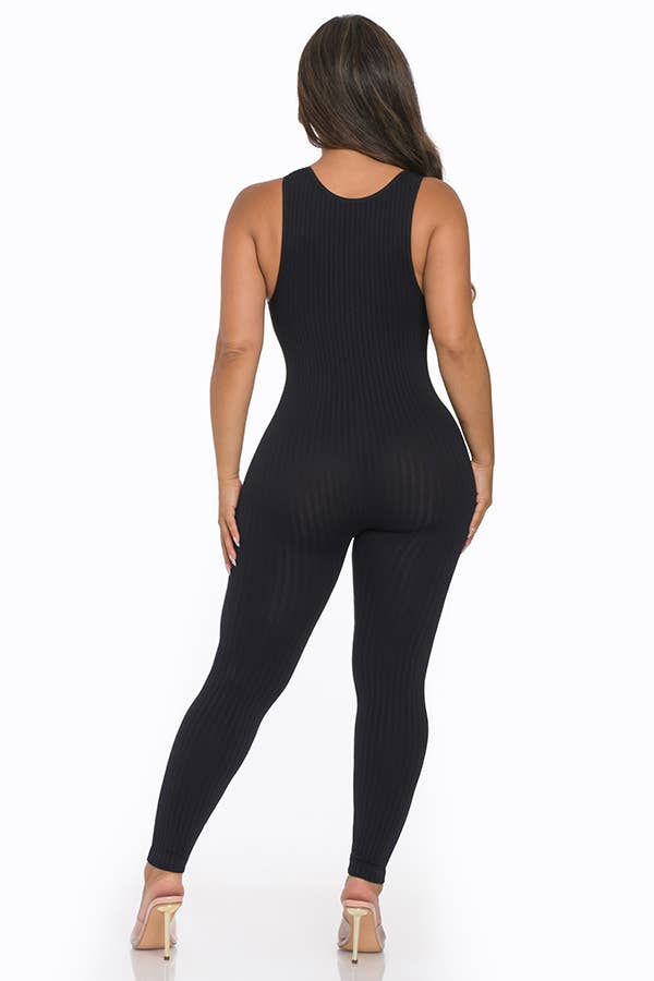 Seamless Ribbed Split V Neck Jumpsuit