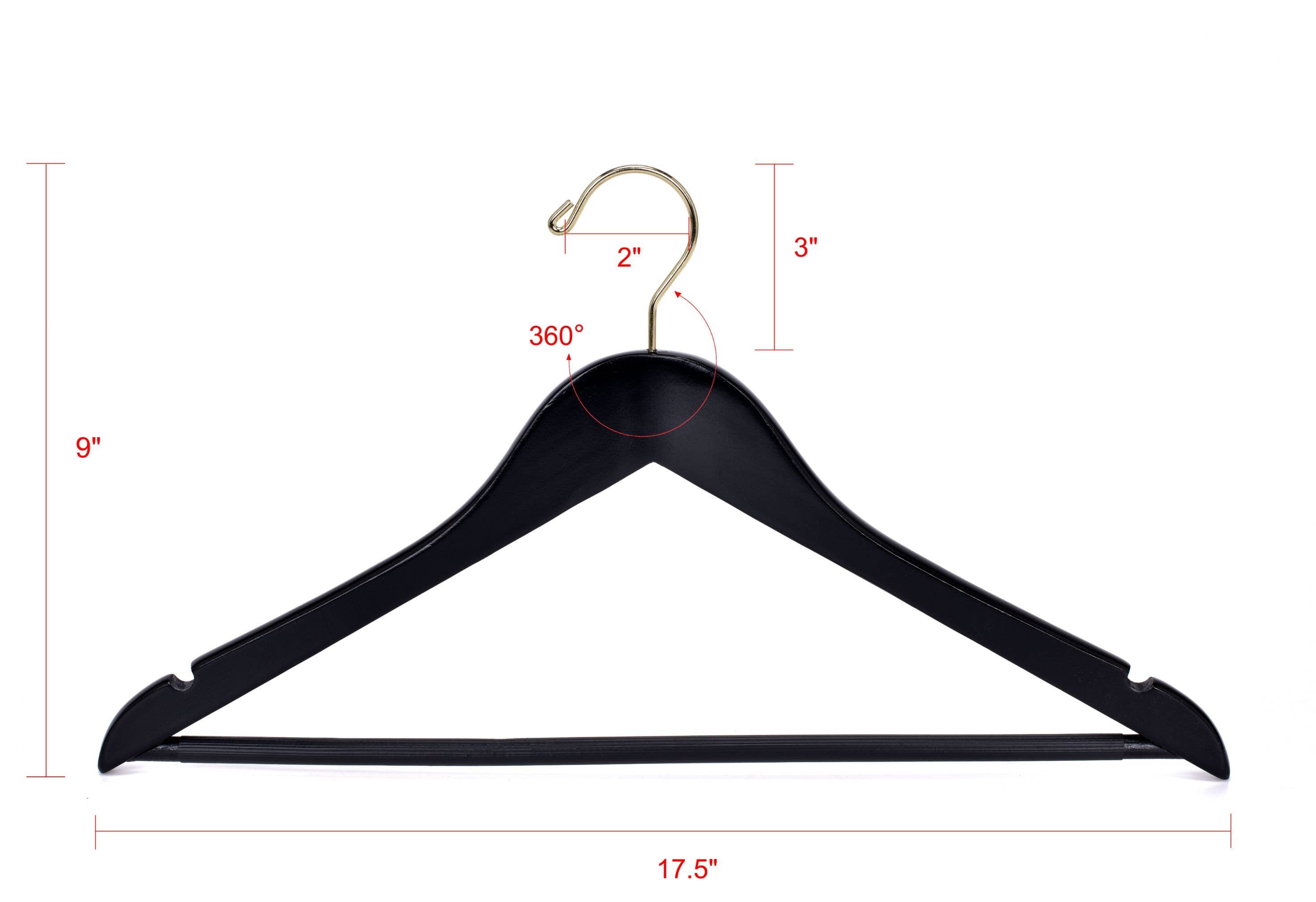 W070-30 Semi Curved Wooden Hangers, 17.5" -Black/Gold Hook