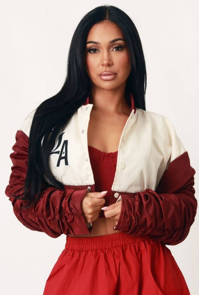 burgundy varsity cropped jacket
