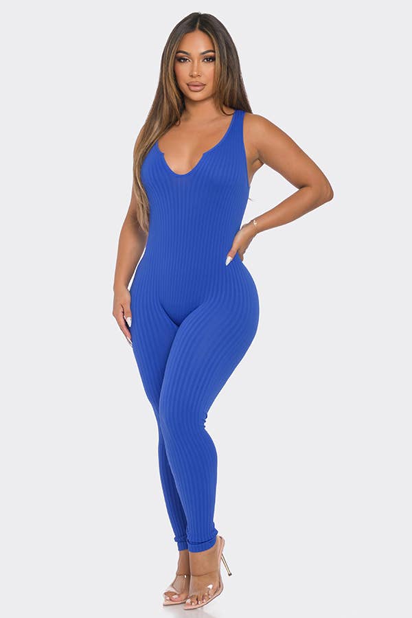 Seamless Ribbed Split V Neck Jumpsuit