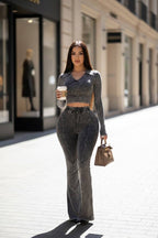 MINERAL WASH CONTRAST COLLARED TOP & PANT SET