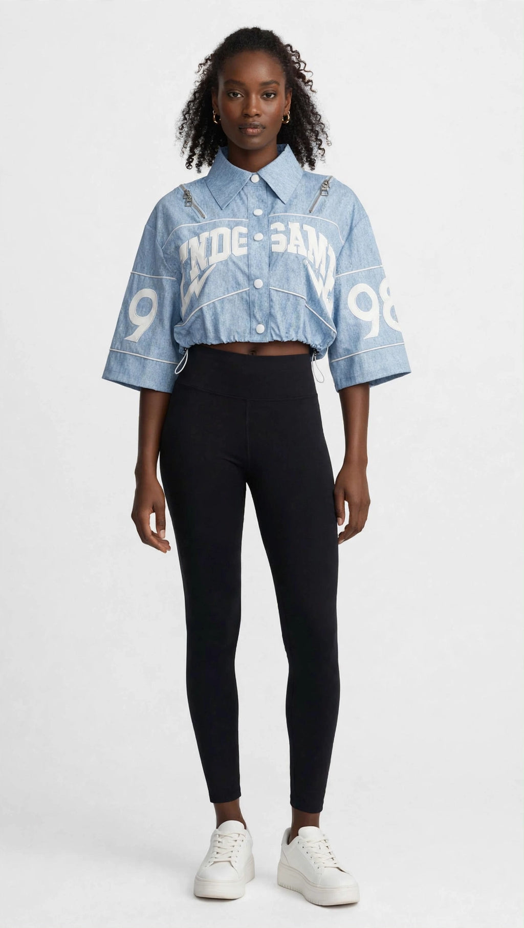 NT1278A Denim Print Fabric Crop Zip Detail Shirt Jacket