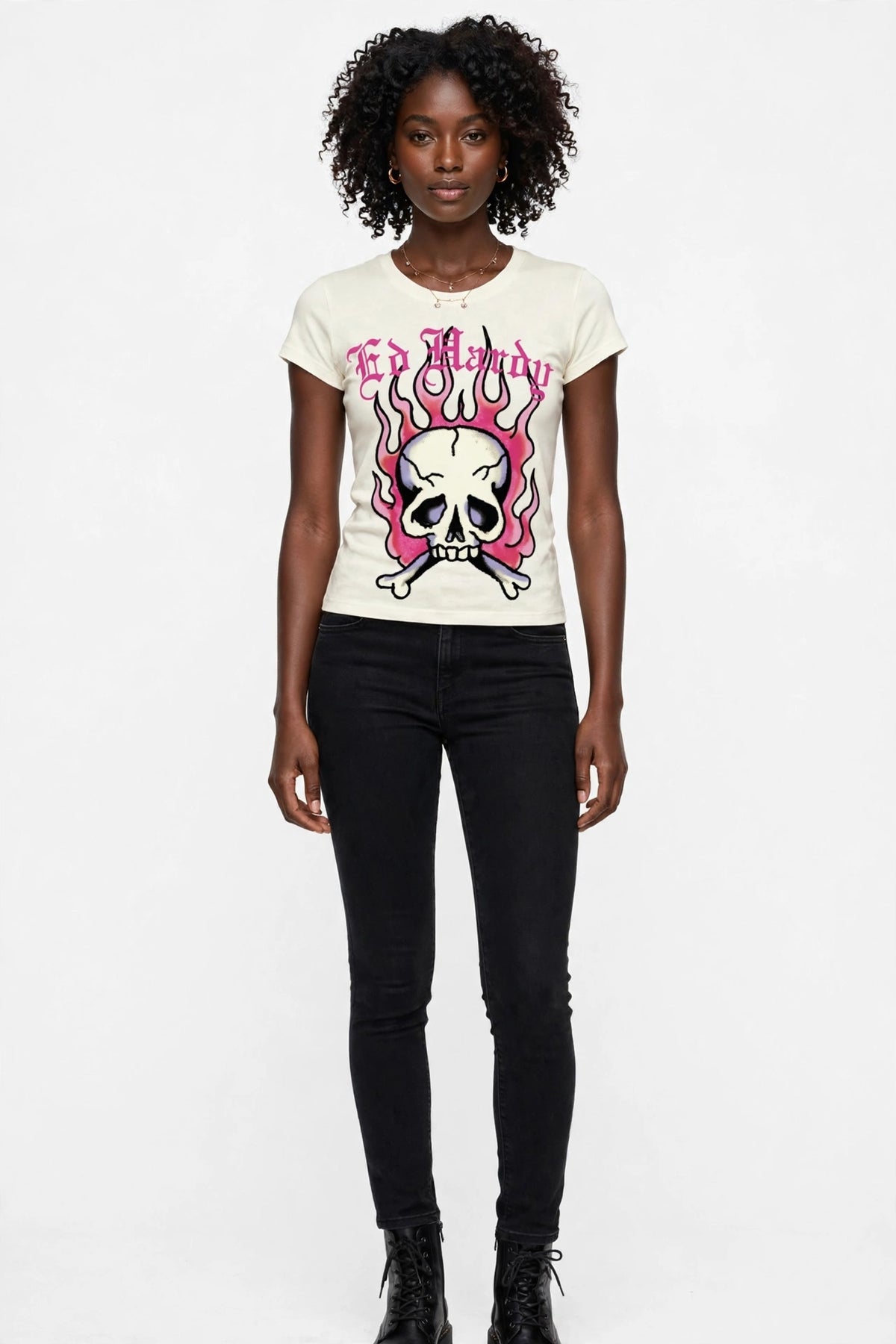 Pink Flame Skull Rhinestone Cap Sleeve Tee for Women