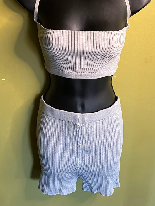 Grey Knit Halter Top & Shorts Set