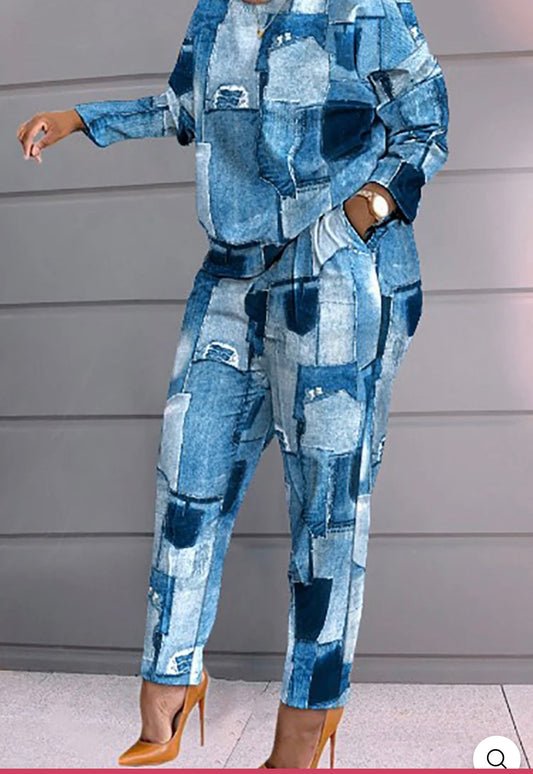 Xpluswear Plus Size Casual Blue Patchwork All Over Print O Neck Long Sleeves Loose Two Pieces Pants Set