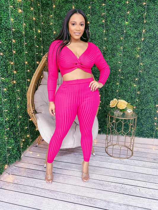 Plus Size Knit off Shoulder Front Twist Top & Pants Set