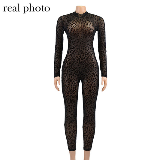 Diva Mesh Bodystocking Leopard See Through Velour Long Sleeve Rompers